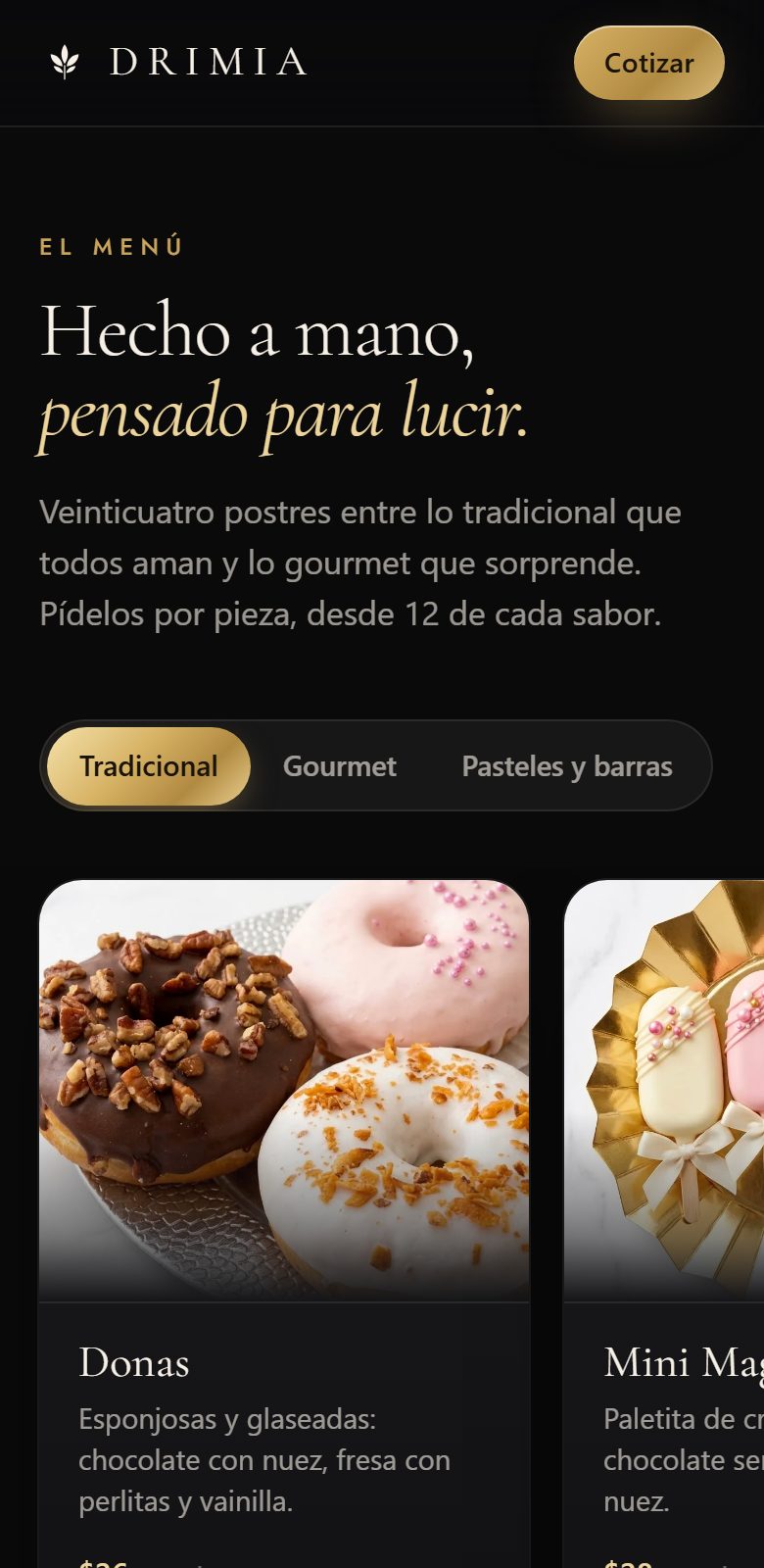 Menú de postres con precios por pieza