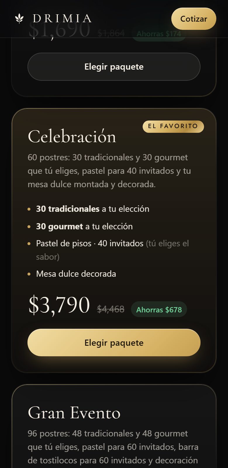 Paquetes y promociones del cotizador